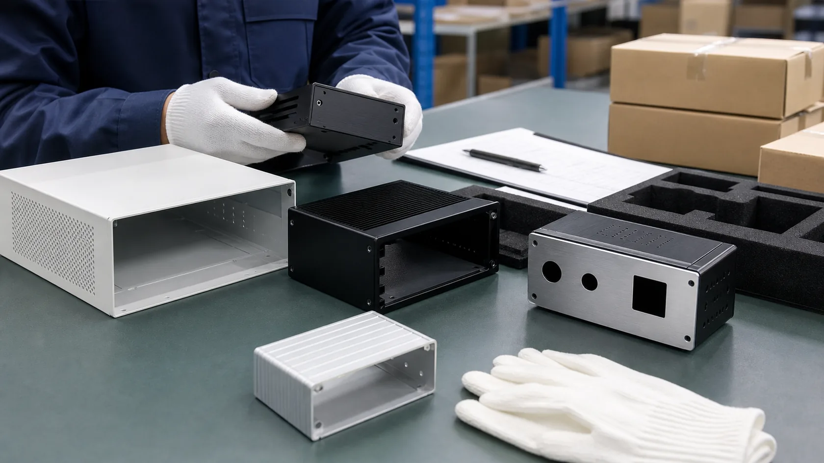 Finished aluminum enclosures with different surface treatments ready for packaging