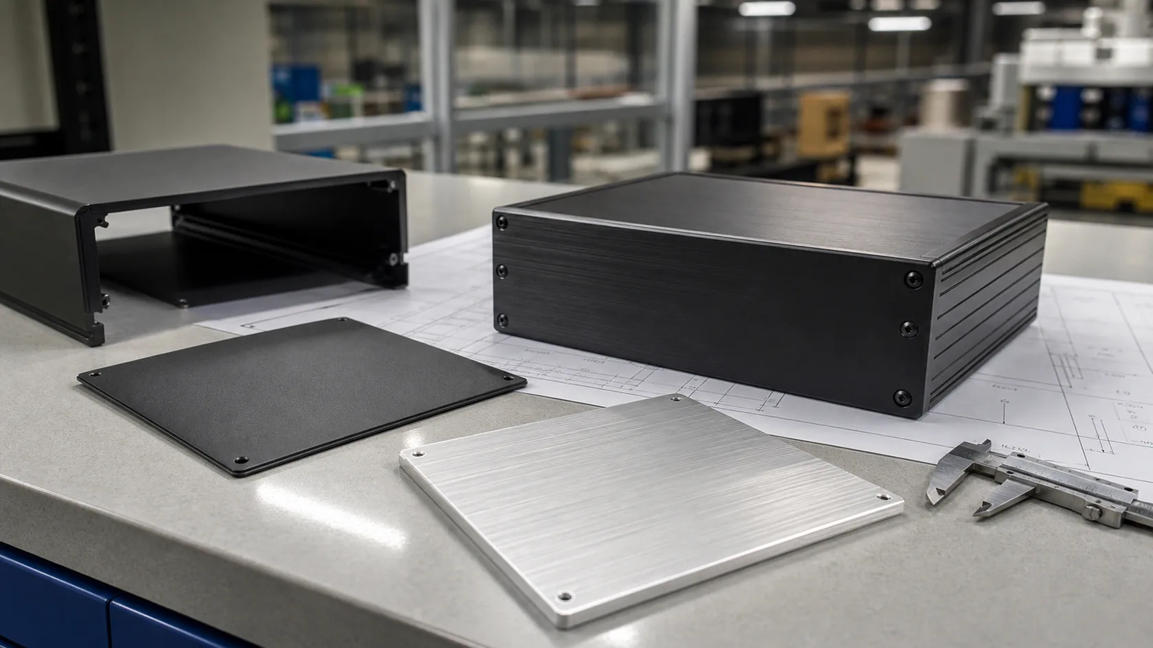 Anodized aluminum OEM enclosure and alternative finish samples reviewed on engineering desk