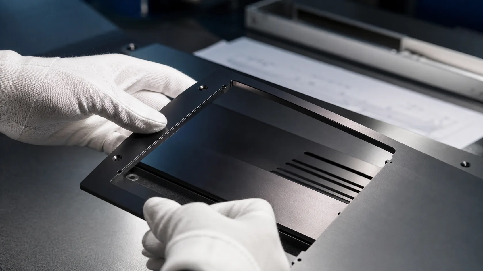 Anodized aluminum parts inspected for machining texture and surface differences