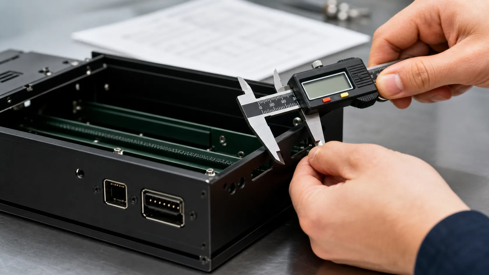 Technician measuring anodized aluminum enclosure rails and connector openings