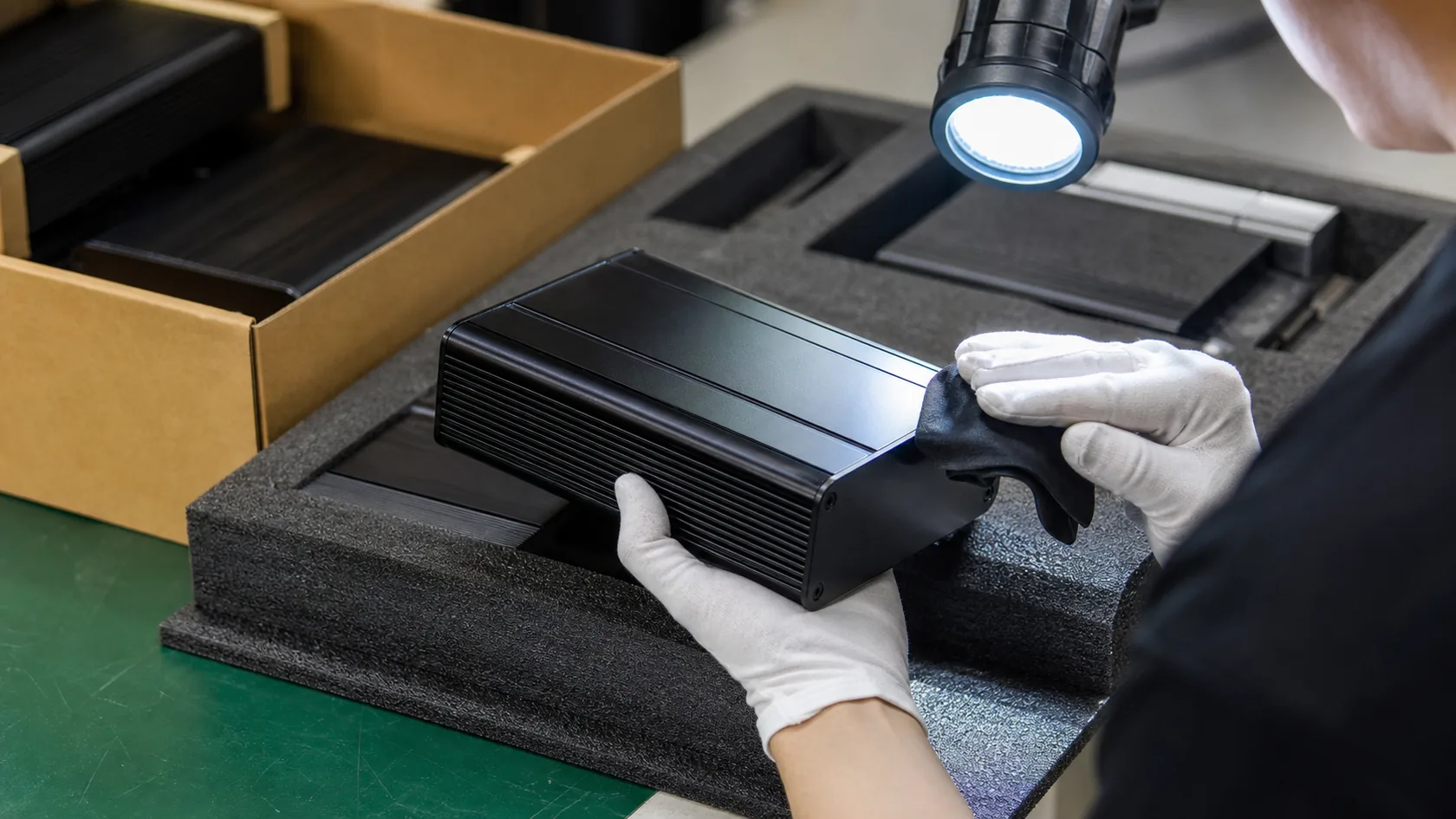 Anodized aluminum enclosures inspected and packed with protective foam