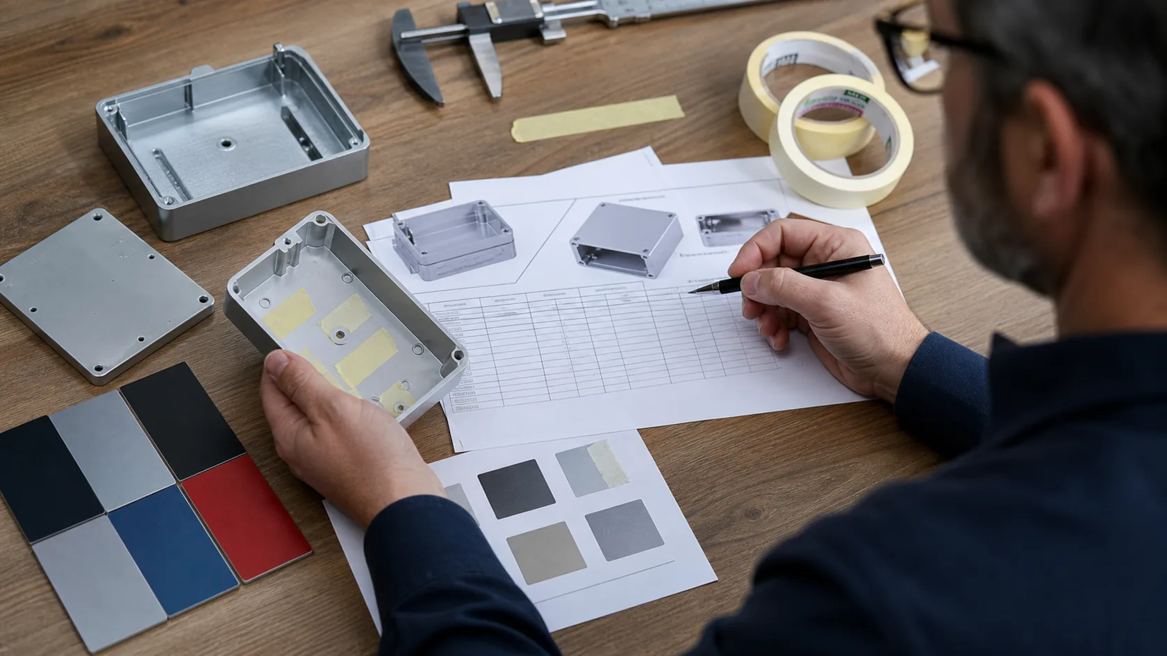 Engineer reviewing anodized enclosure quotation with masking notes and finish samples