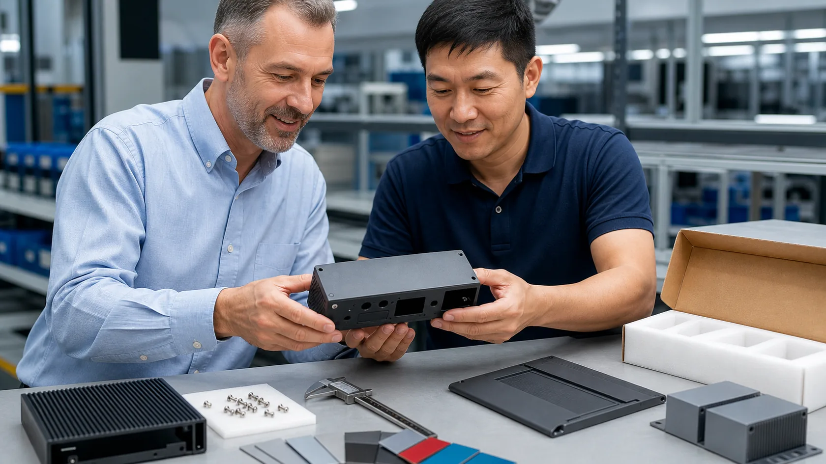 Supplier and buyer approving anodized aluminum OEM enclosure after fit and finish review