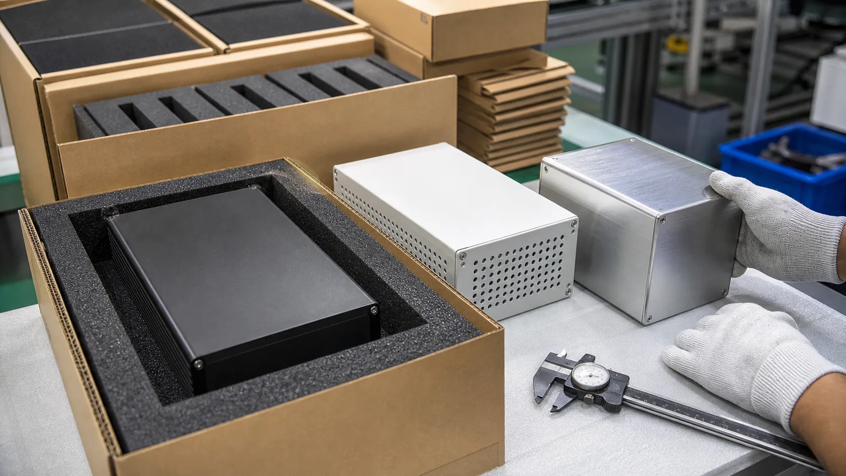 Finished OEM enclosures in different surface finishes ready for shipment after final inspection