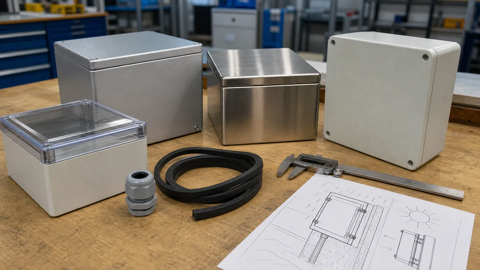 Outdoor enclosure material samples compared on a factory engineering desk