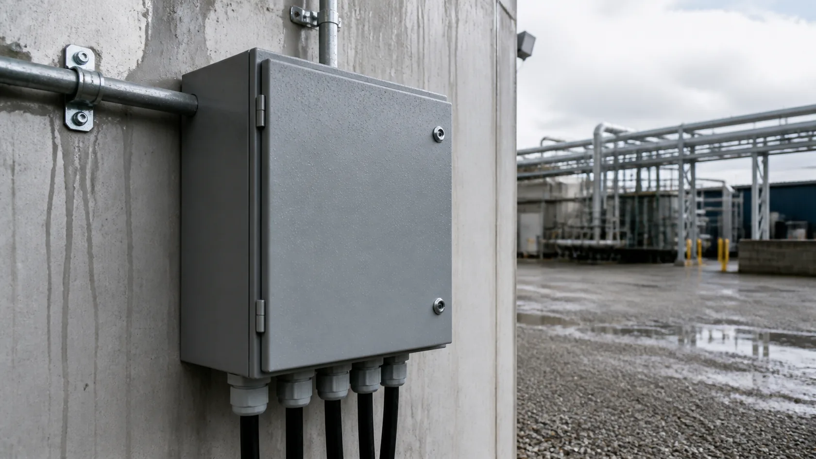 Outdoor electrical enclosure installed on a wet industrial wall