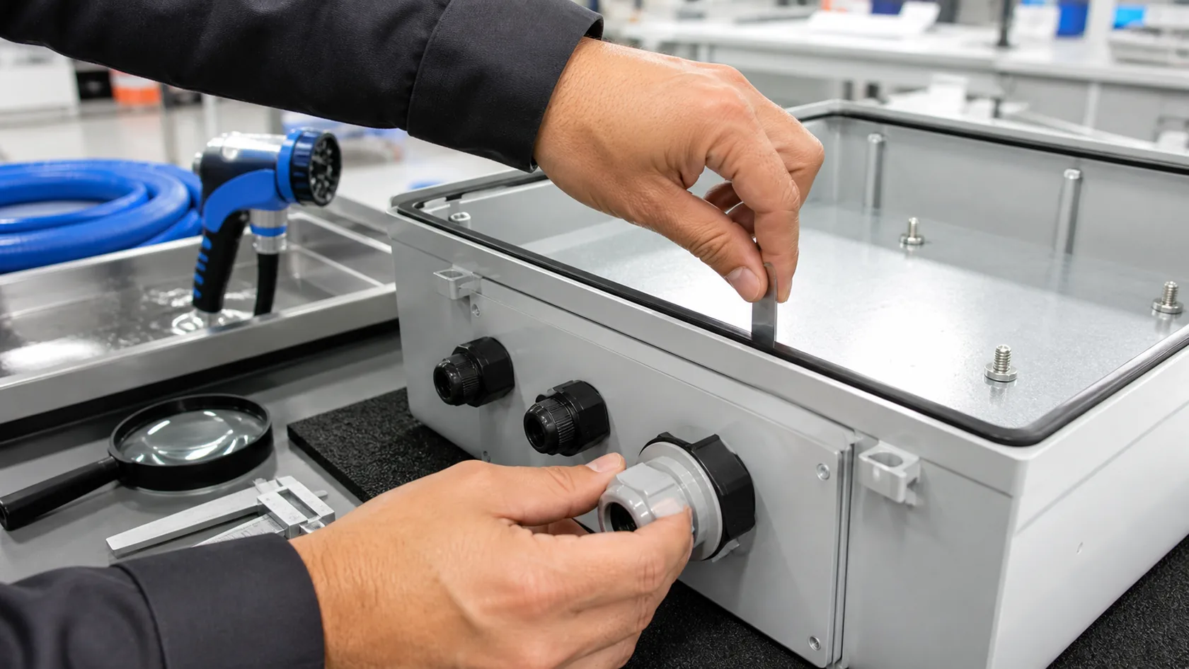 Technician inspecting gasket compression and cable gland sealing on an enclosure