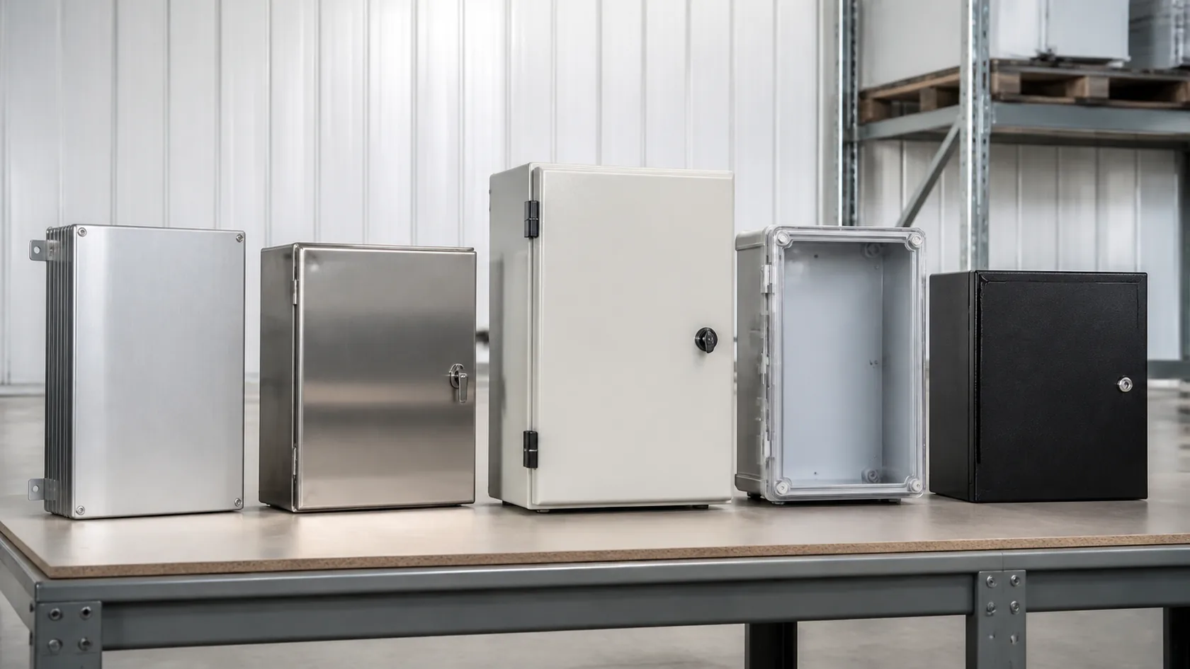 Side by side samples of aluminum stainless steel fiberglass plastic and coated steel enclosures