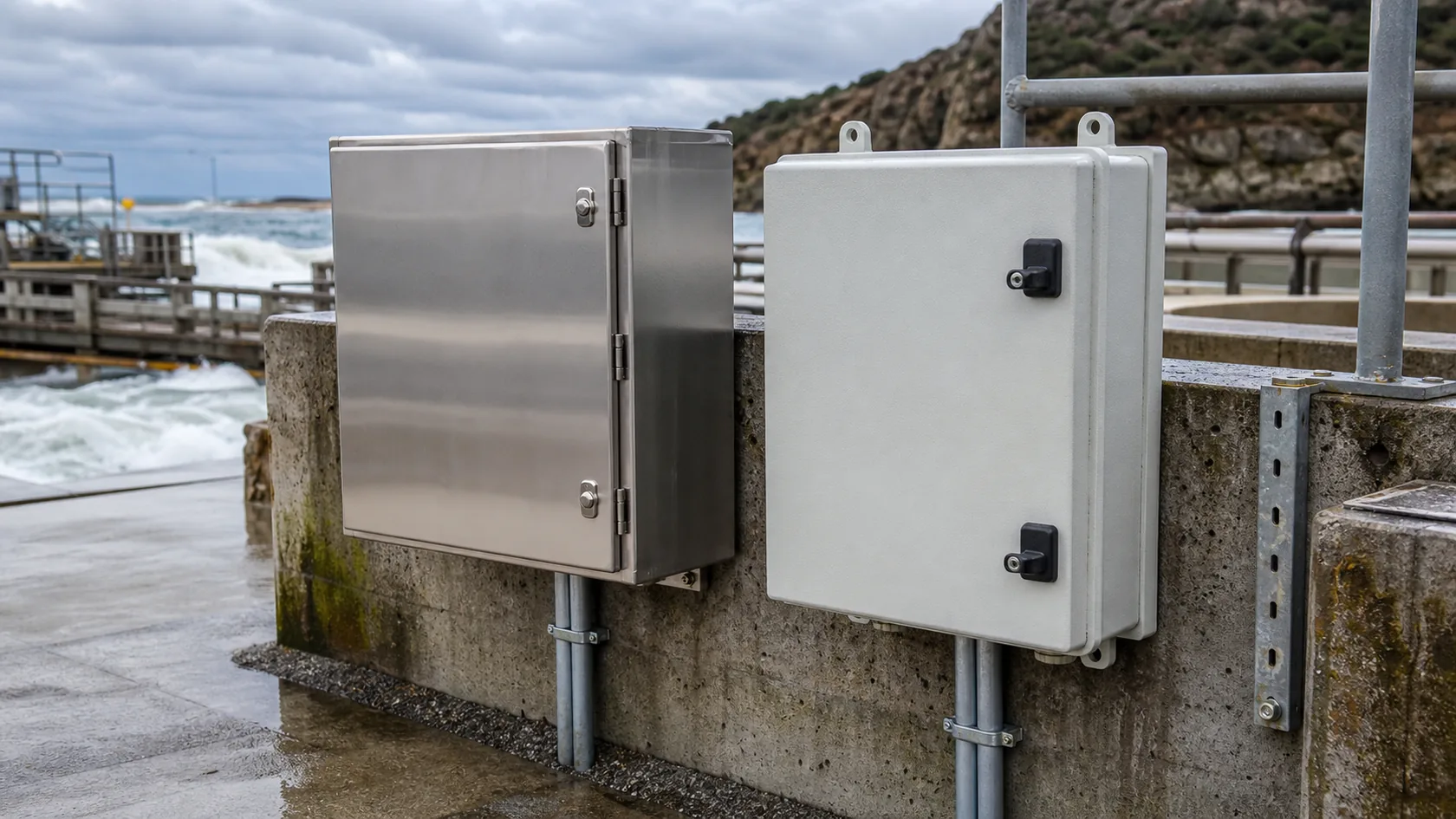 Stainless steel and fiberglass outdoor enclosures installed near a harsh coastal site