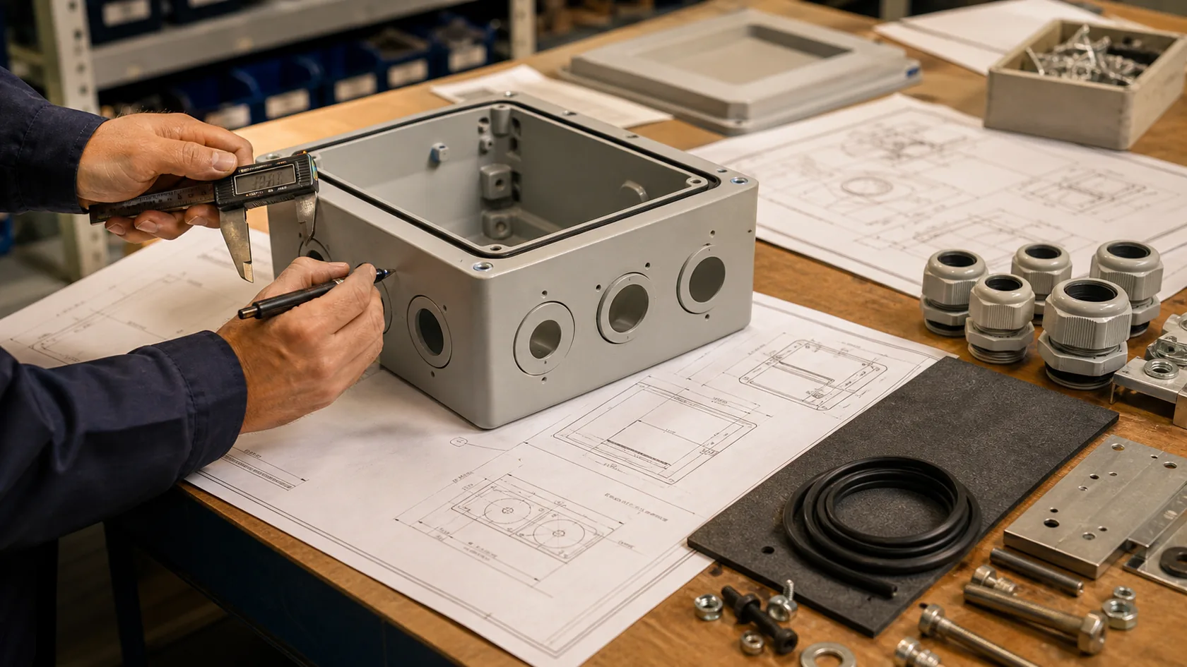 Supplier checking cable entry positions and gasket details before enclosure production
