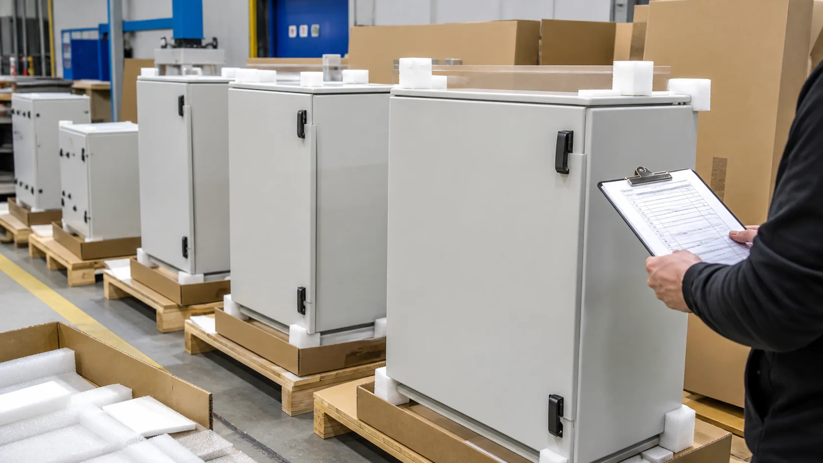 Finished outdoor electrical enclosures prepared for inspection packing and shipment
