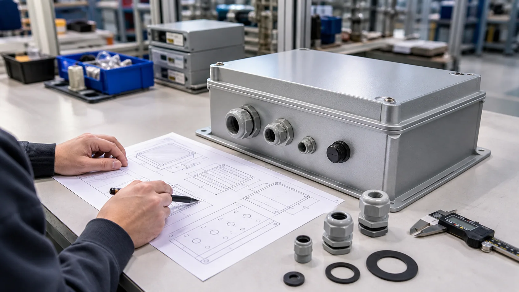 Engineer reviewing cable entry design for OEM outdoor enclosure before production