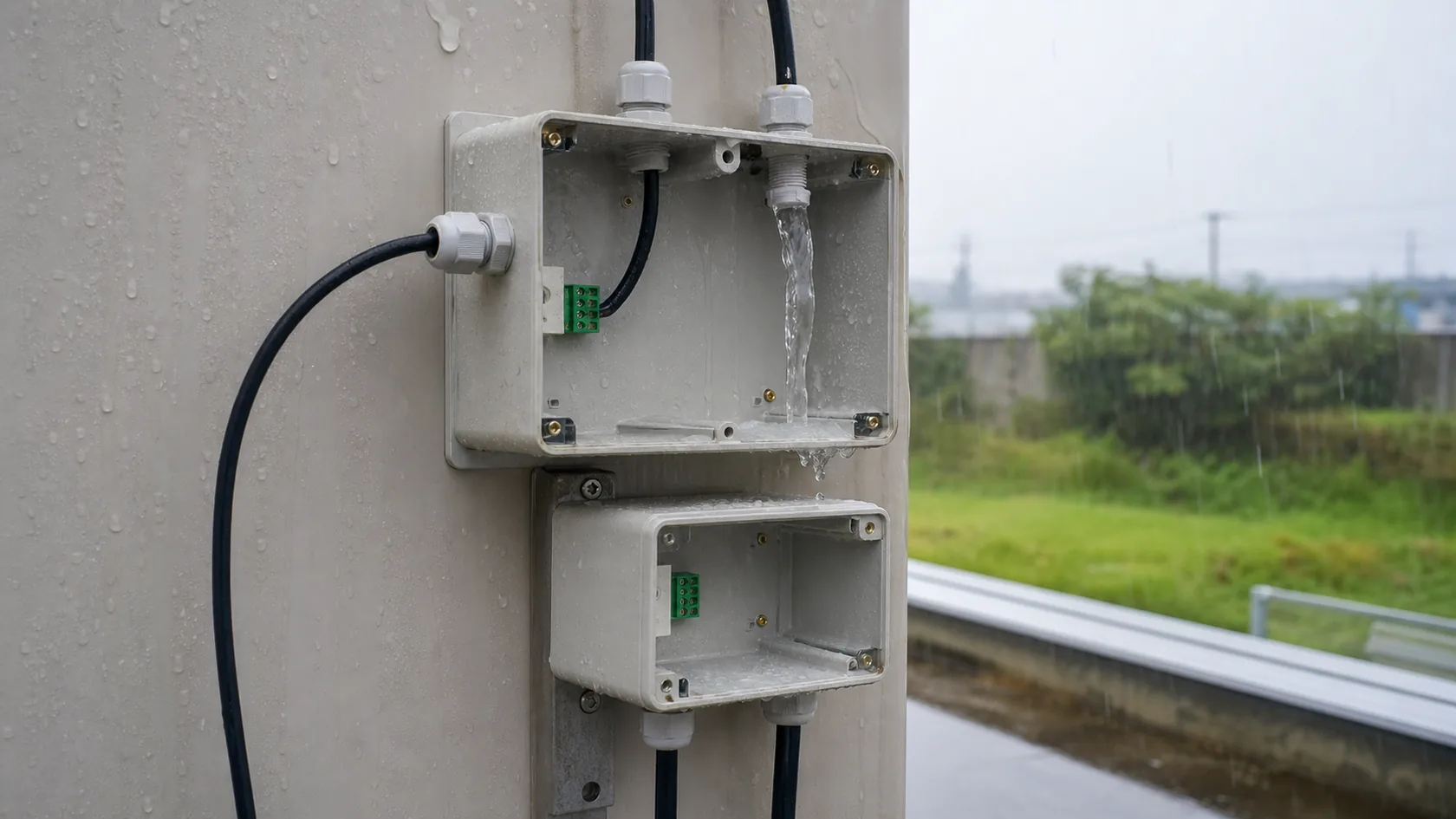 Outdoor enclosure showing risky top and side cable entry positions in rain
