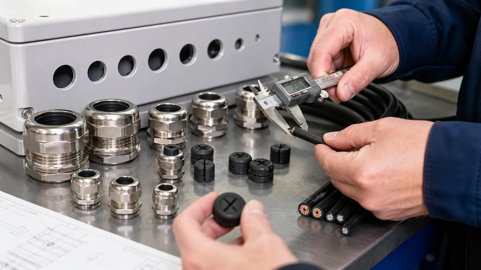 Technician measuring cable diameter before selecting cable glands for enclosure