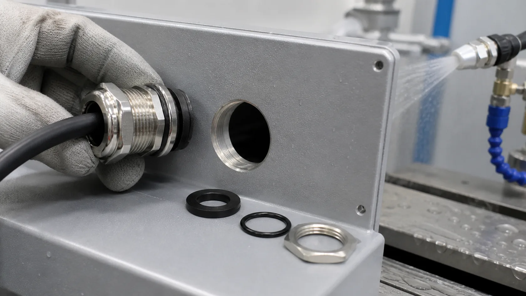 Cable gland sealing washer and thread interface checked on aluminum enclosure wall