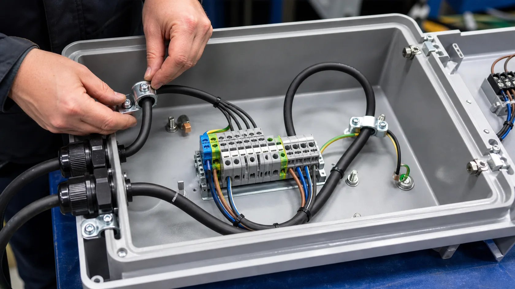 Internal cable routing with clamps and bend radius inside outdoor enclosure