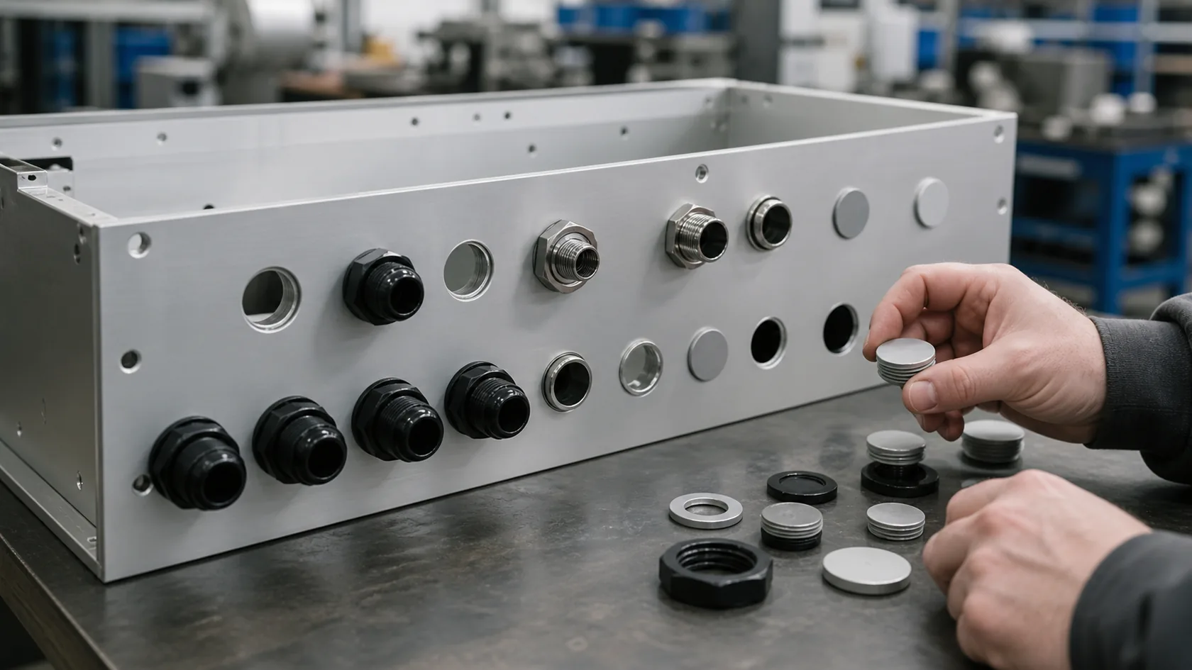 Multiple cable entry holes and blanking plugs checked on custom enclosure panel