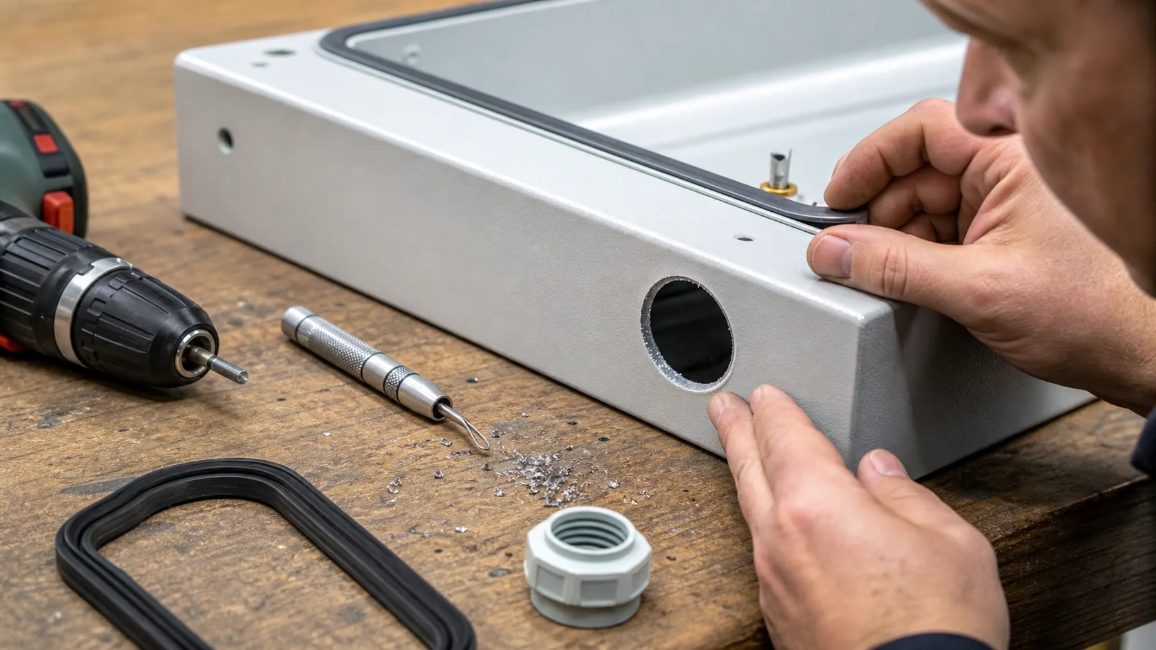 Field-drilled enclosure hole inspected for burrs, chips, and gasket surface risk