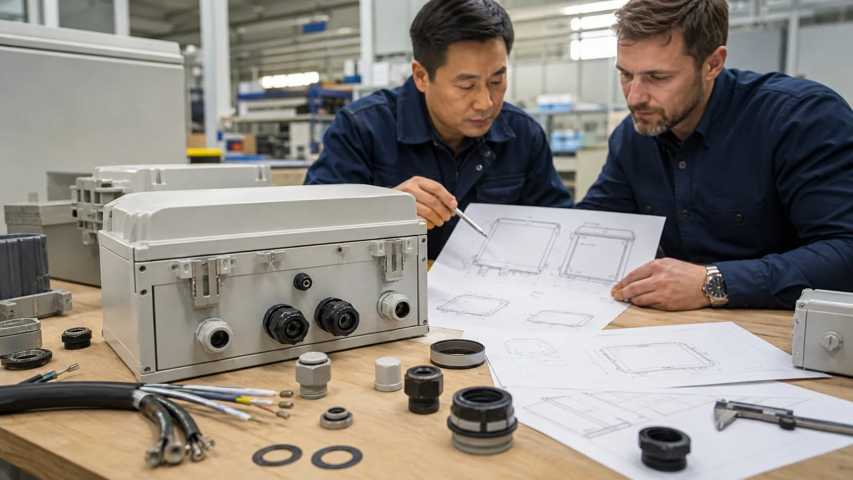 Supplier and buyer reviewing outdoor enclosure cable entry design before production