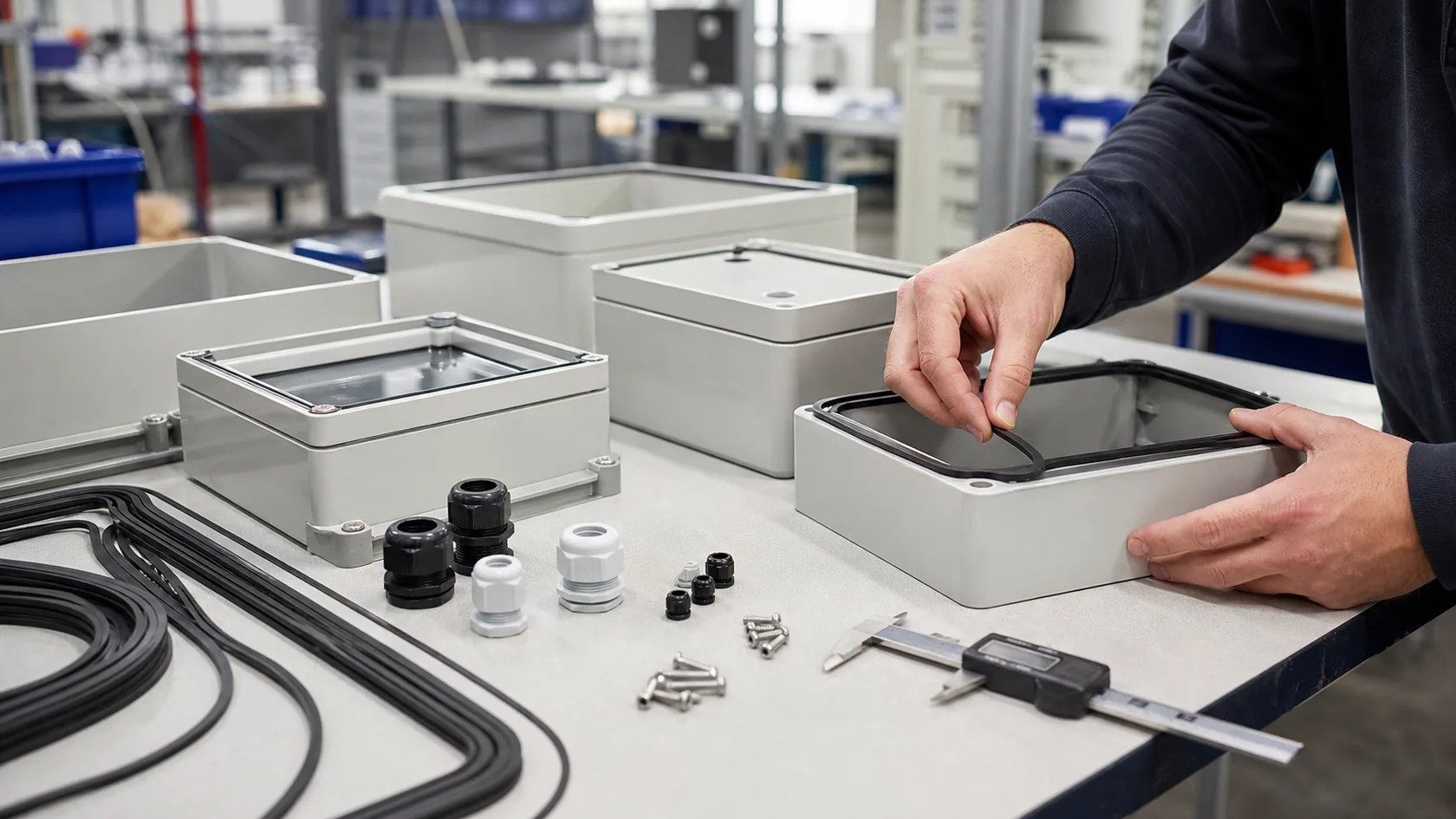 Electrical enclosure gasket and cable gland inspection on a factory QC bench