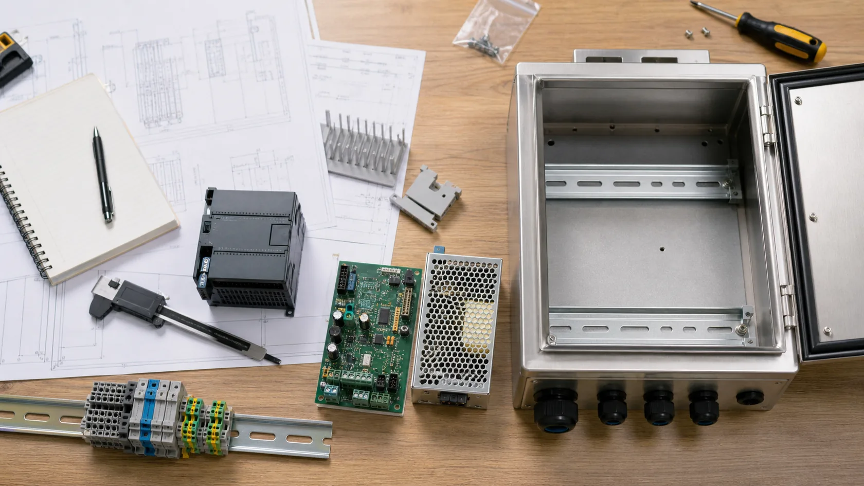Electrical enclosure internal component layout with DIN rail PCB and power supply