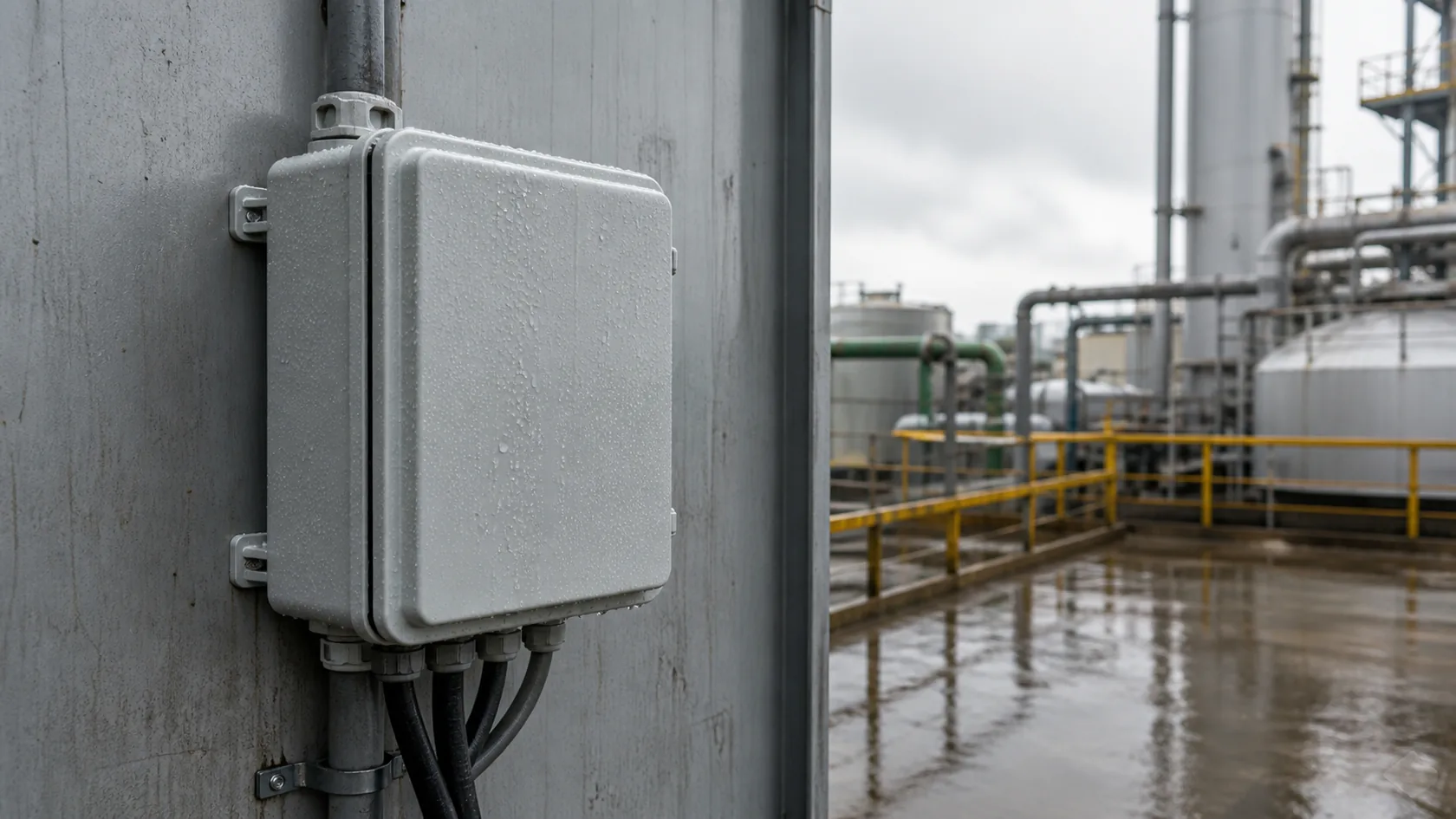 Outdoor electrical enclosure exposed to rain at an industrial site