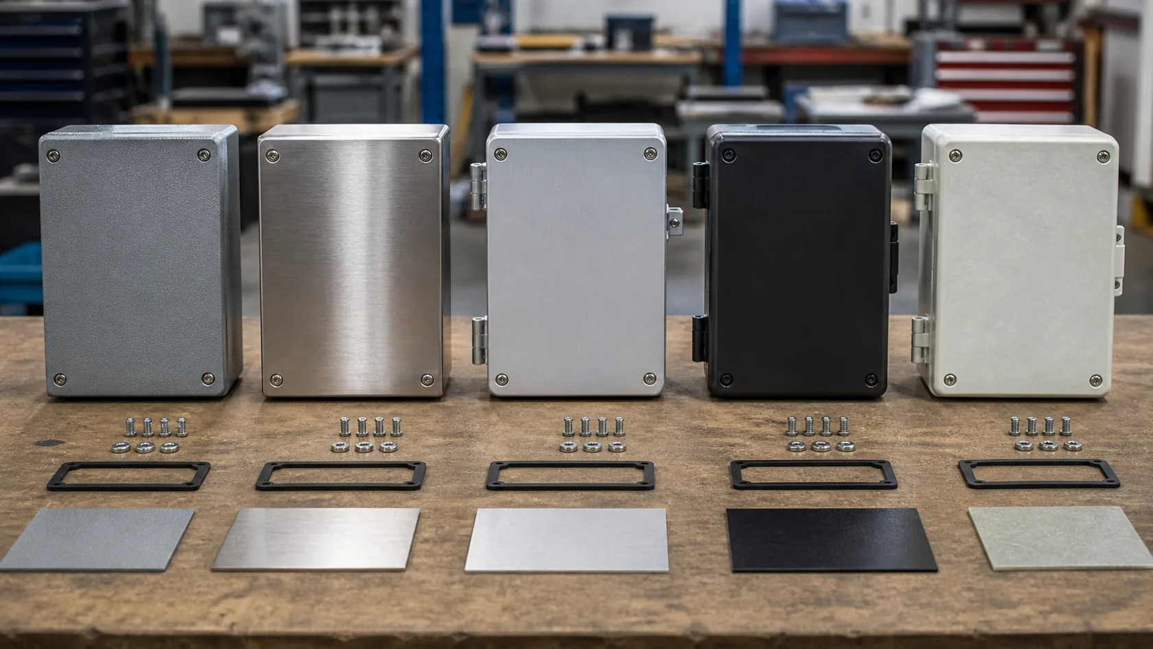 Steel stainless aluminum plastic and fiberglass electrical enclosure material samples