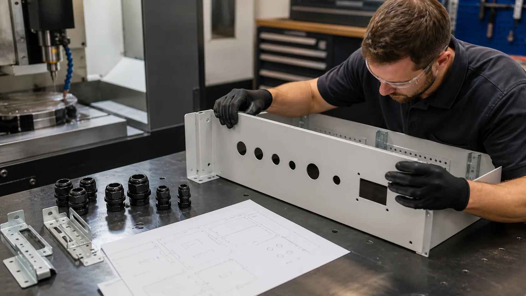 Technician checking cable entry cutouts on a custom electrical enclosure panel