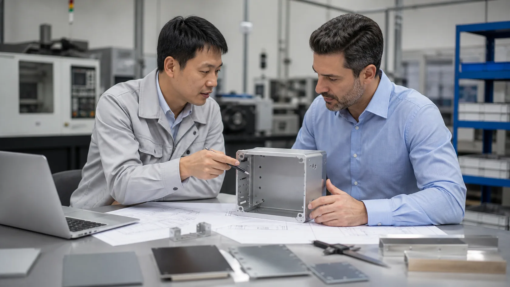 Supplier and engineer reviewing a custom electrical enclosure prototype