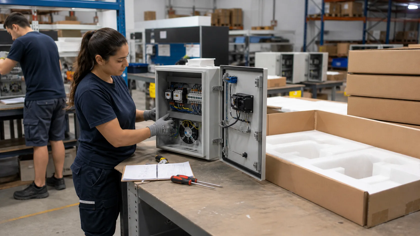 Final inspection and packaging of custom electrical enclosures before shipment
