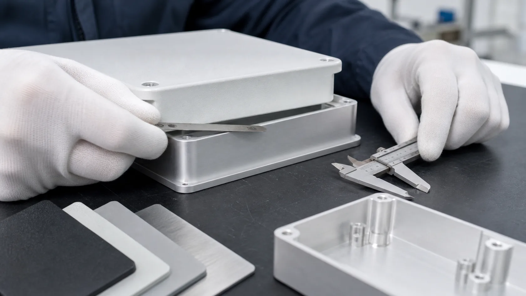 Technician checking clearance between finished coated aluminum parts with feeler gauge