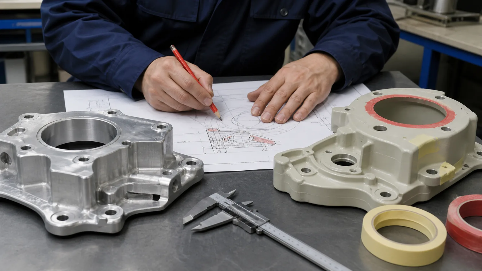 Engineer marking final dimensions and masking areas for coated aluminum part drawing