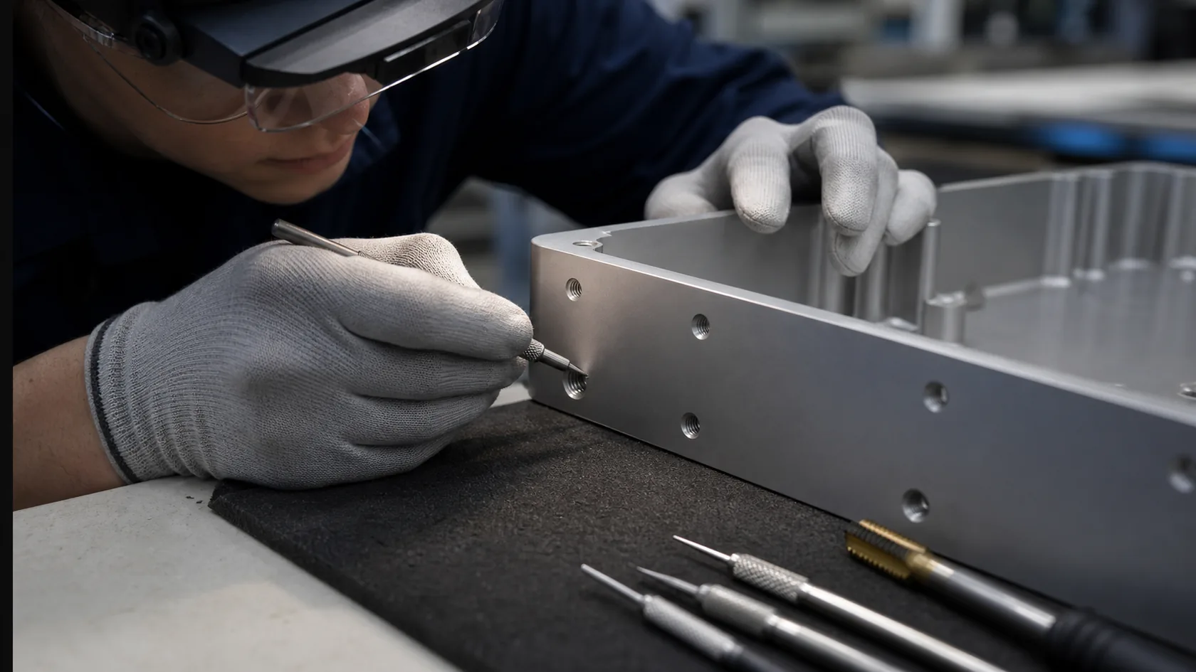 Technician carefully cleaning coated threaded hole during post finish rework