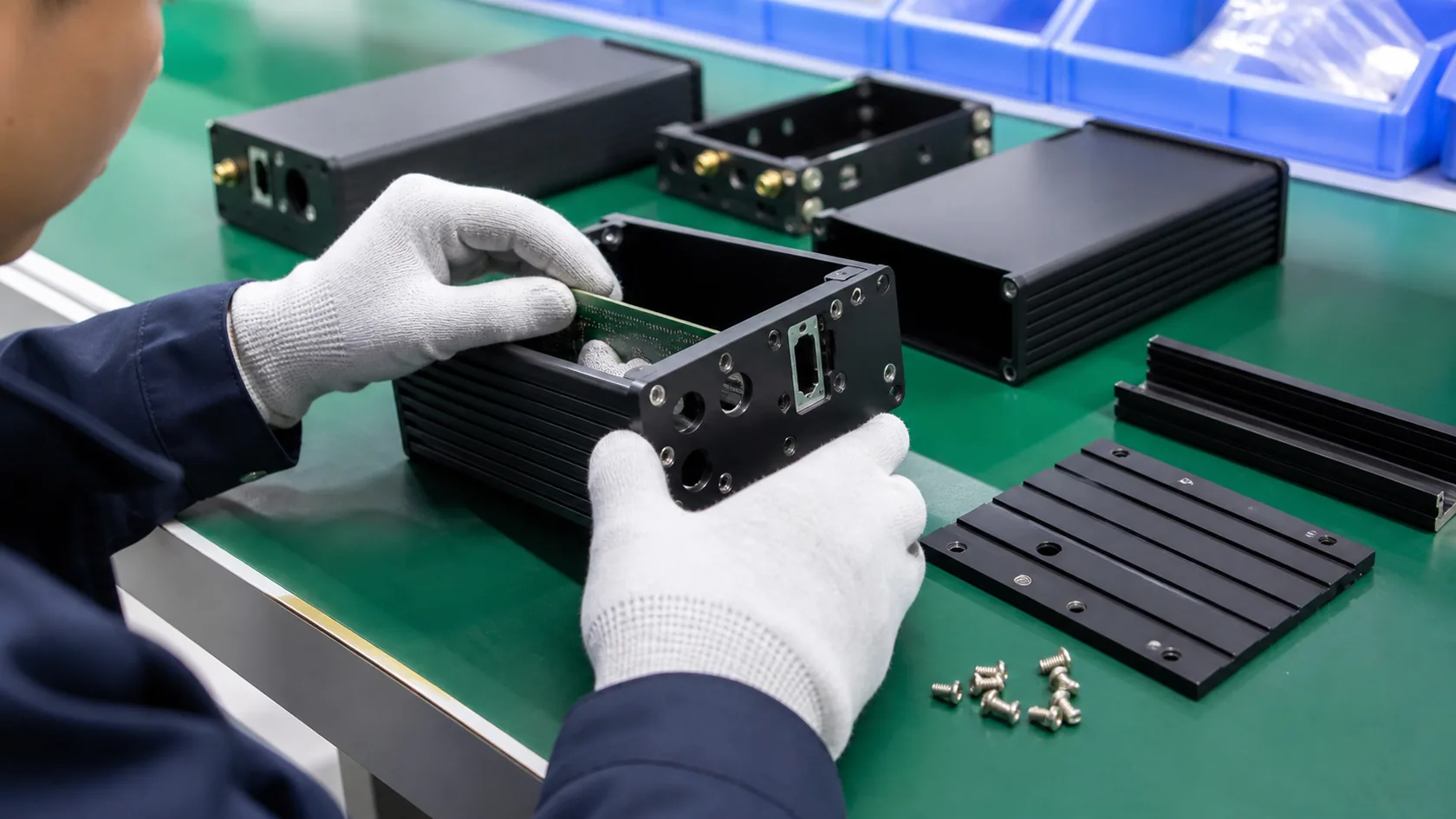 Finished aluminum enclosure with threaded holes connector cutouts board slot and sliding rail