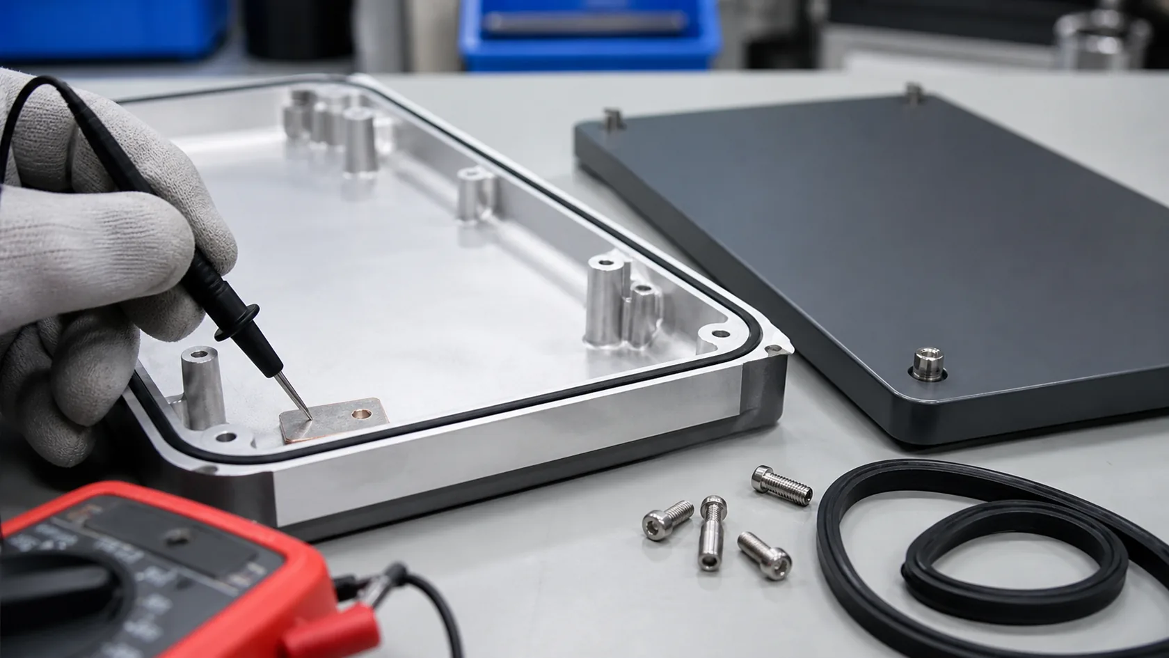 Aluminum electronics enclosure showing gasket groove grounding pad and contact surface check