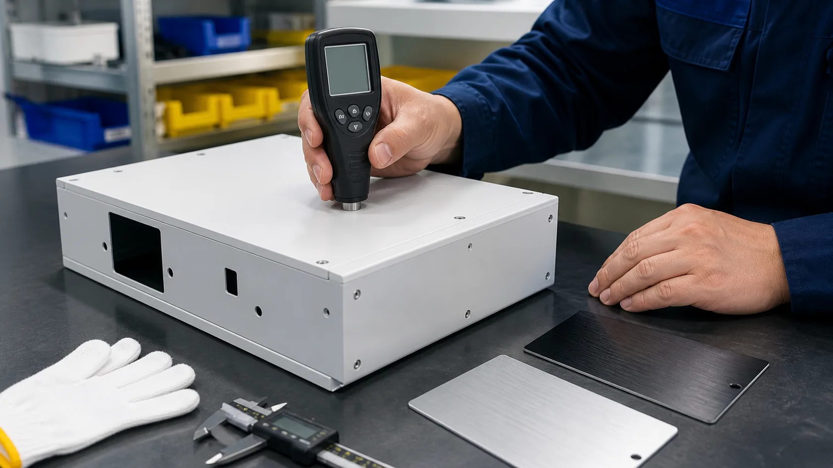 Technician measuring coating thickness on powder coated aluminum enclosure with anodized samples