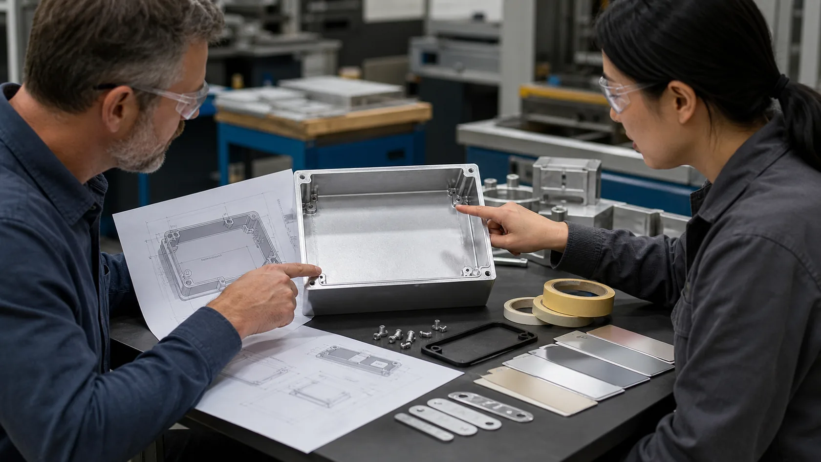 Buyer and supplier reviewing prototype enclosure assembly and finish allowance before production
