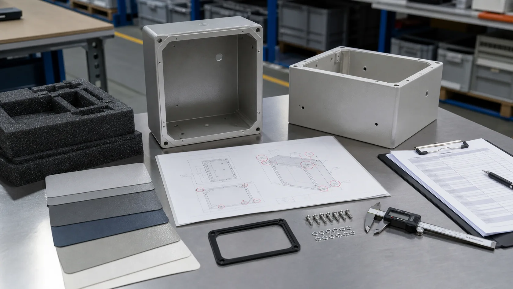Pre production review table with enclosure samples finish swatches drawing gasket and inspection tools