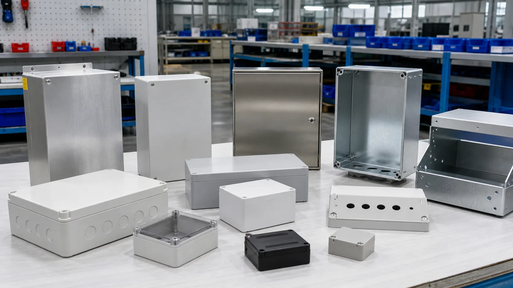Different electrical enclosure samples on a factory workbench