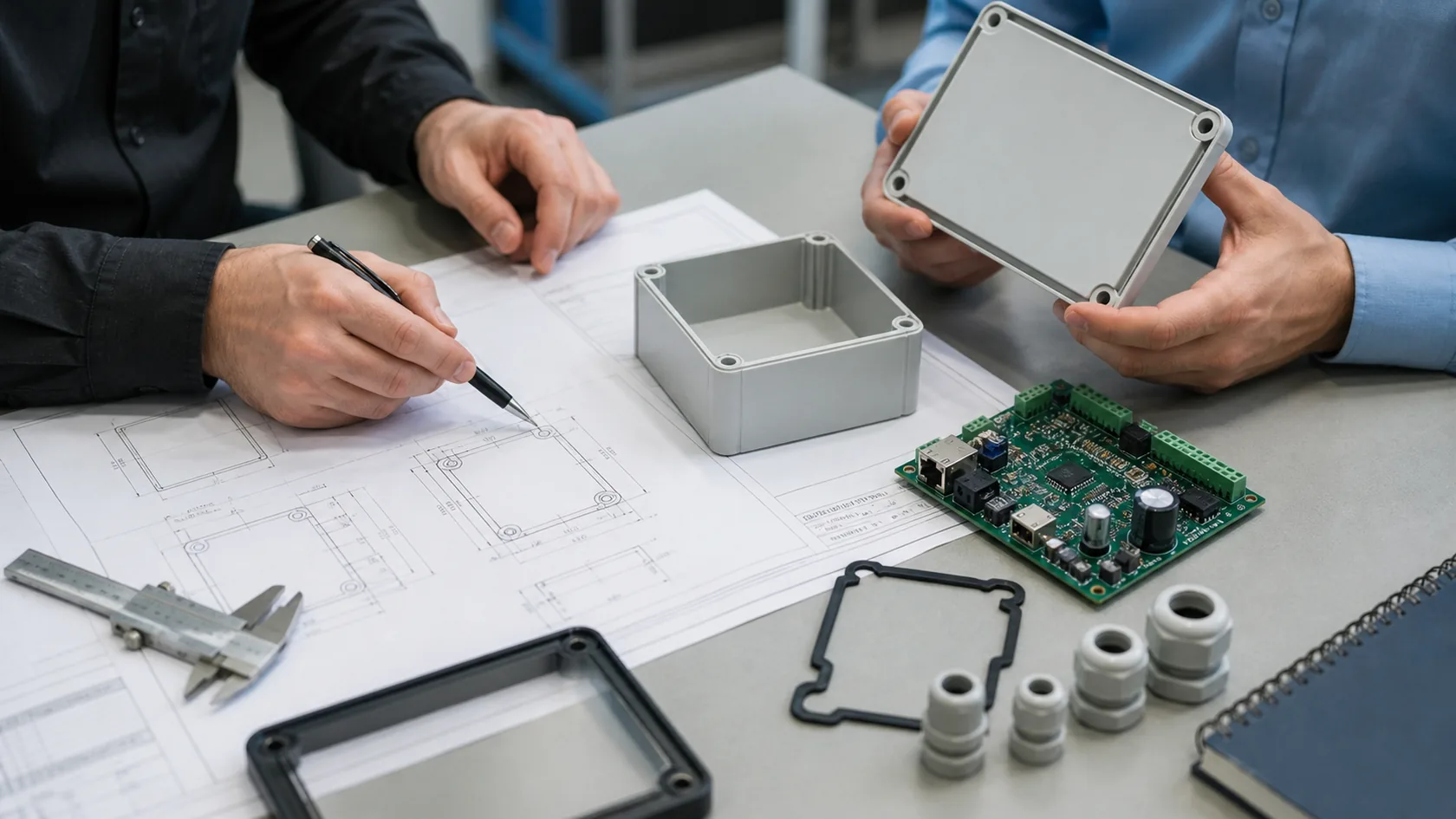 Supplier and engineer reviewing custom electrical enclosure design