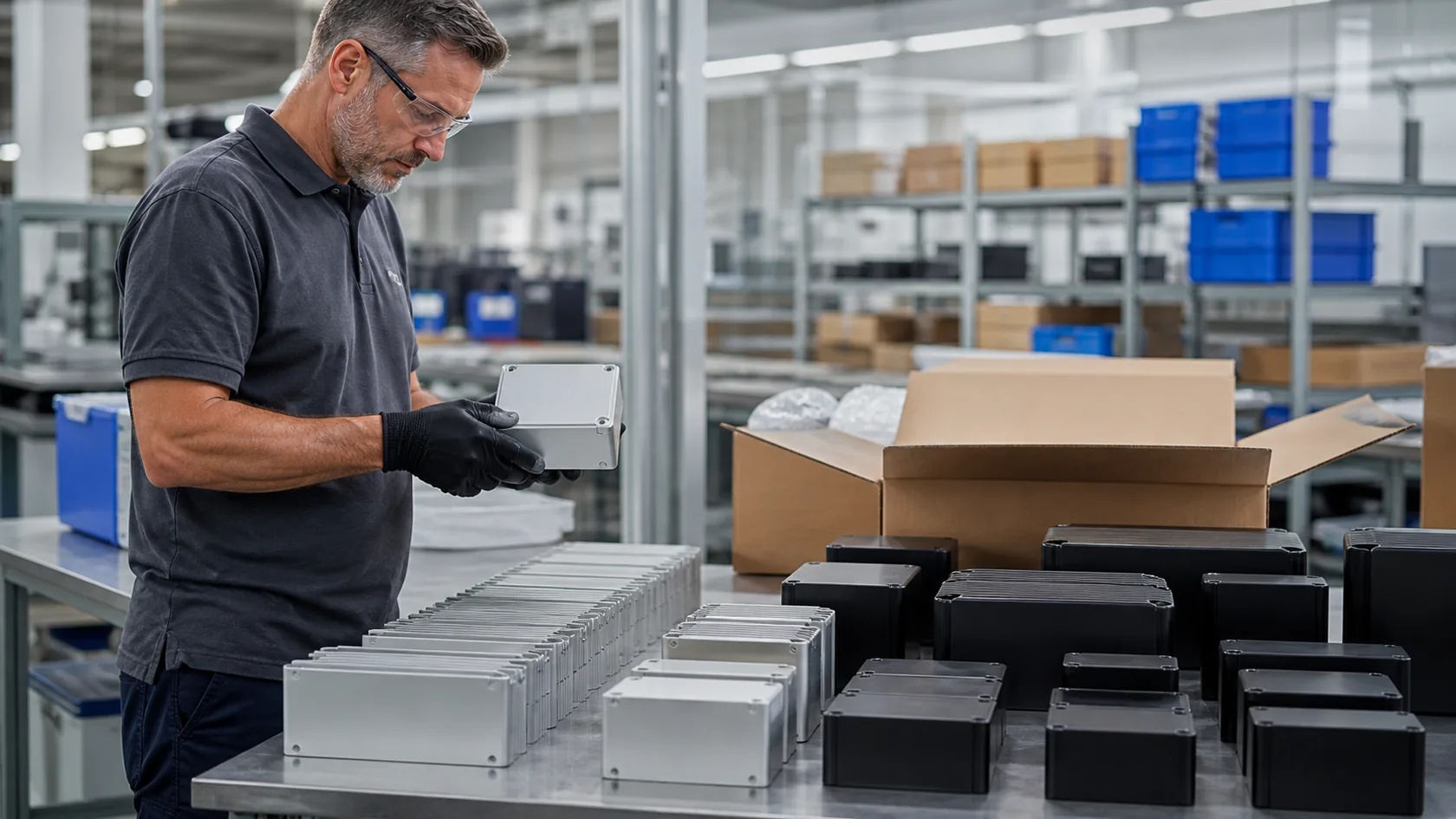 Final QC inspection of finished custom electrical enclosures before packing
