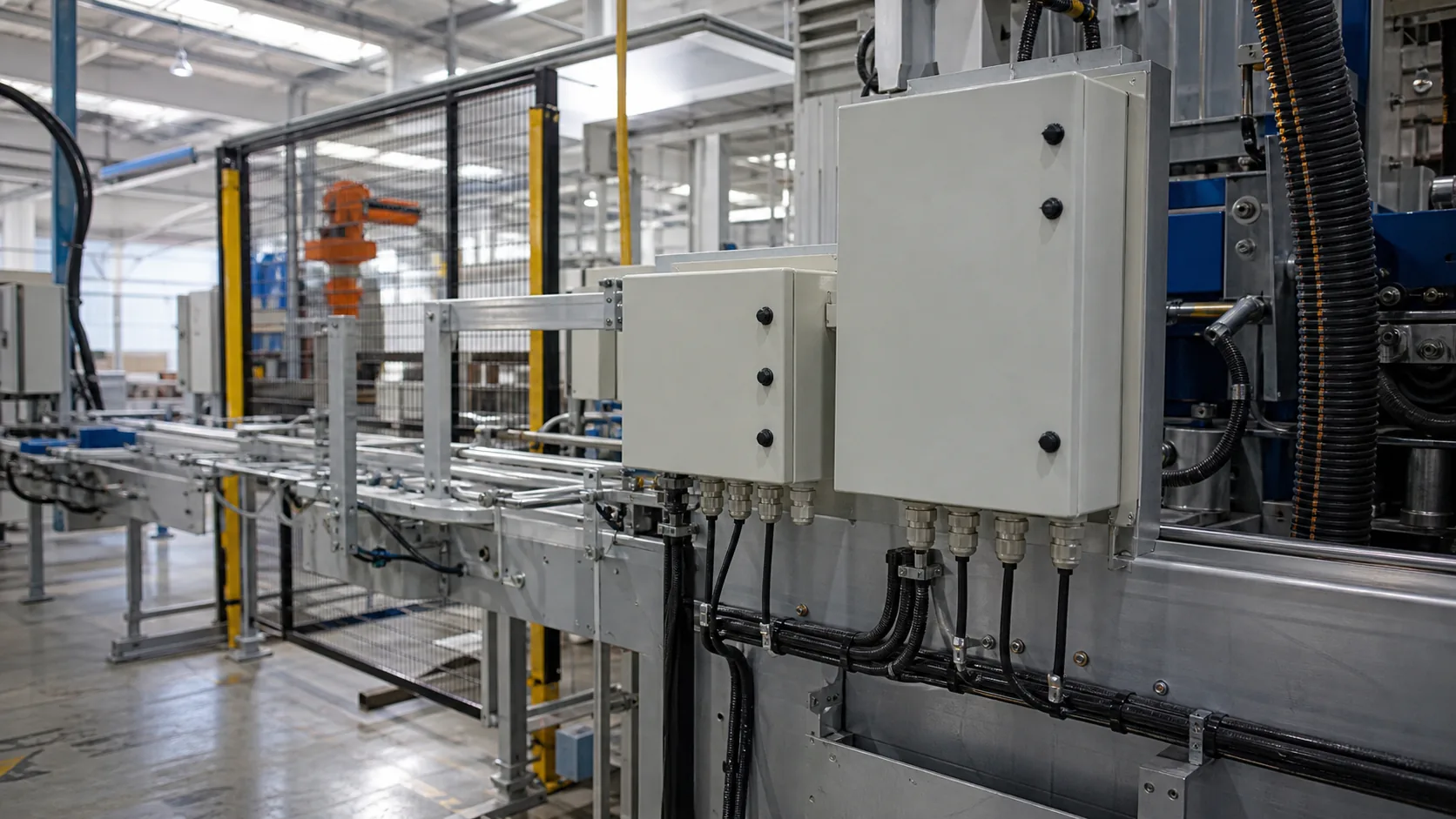 Industrial control boxes installed beside production equipment with sealed cable routing