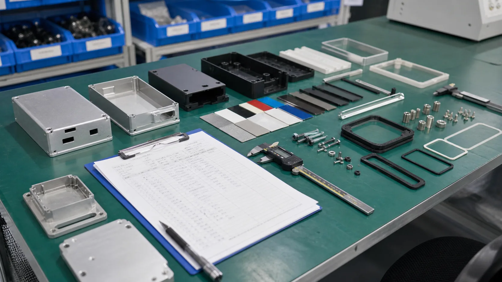 Supplier quality inspection bench with enclosure samples calipers gaskets and finish swatches