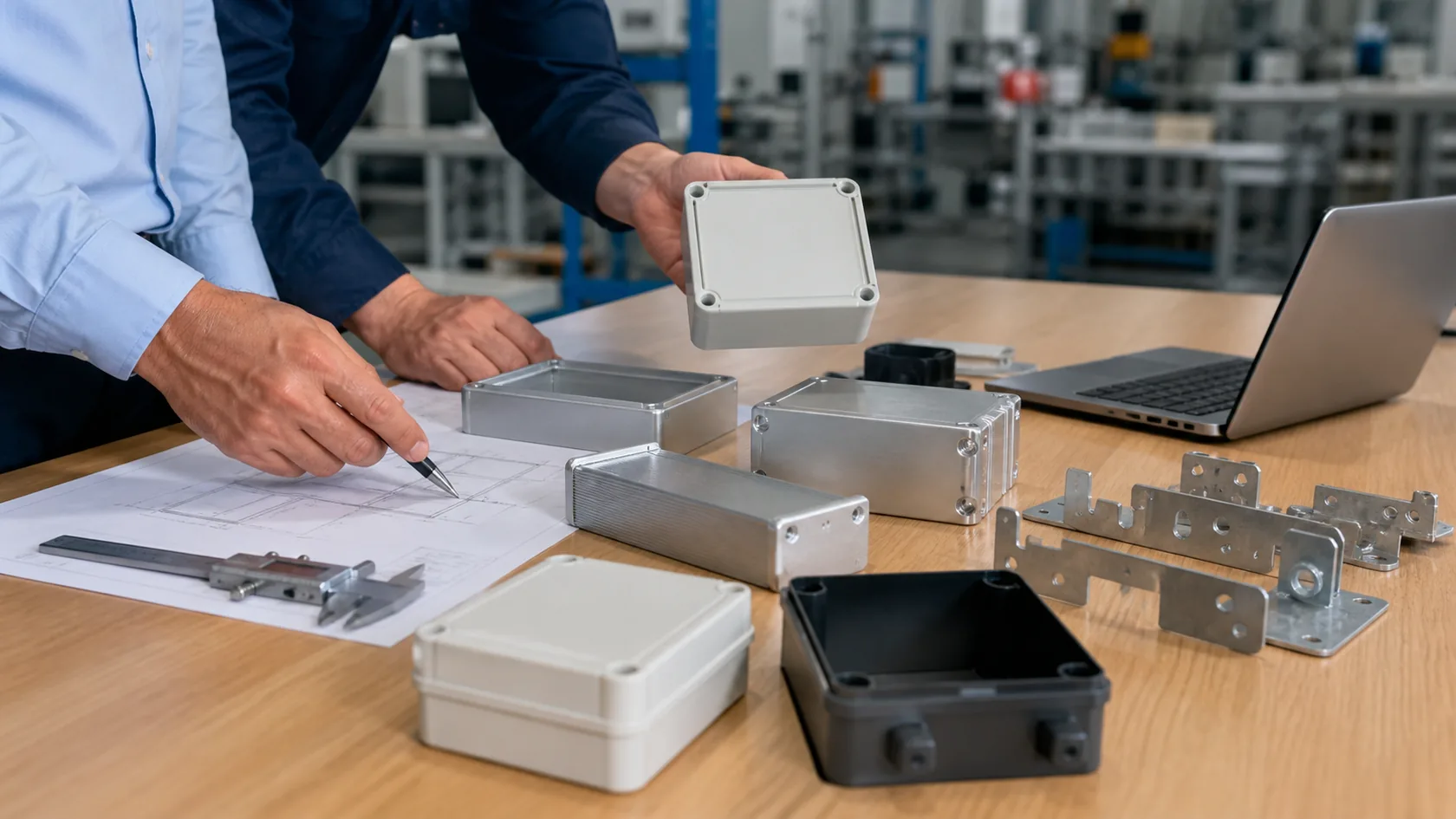Industrial enclosure material samples reviewed on an engineering desk