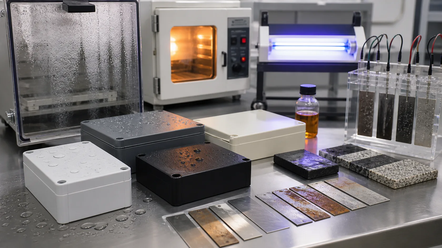 Industrial enclosure samples tested for moisture heat UV and corrosion exposure