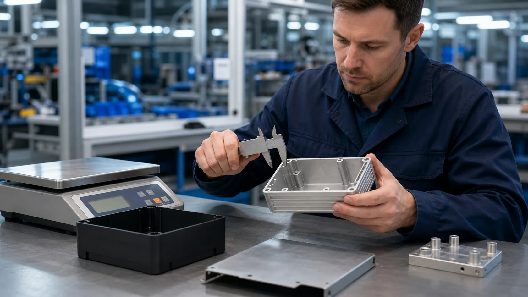 Engineer measuring aluminum plastic and sheet metal enclosure parts for strength and stability
