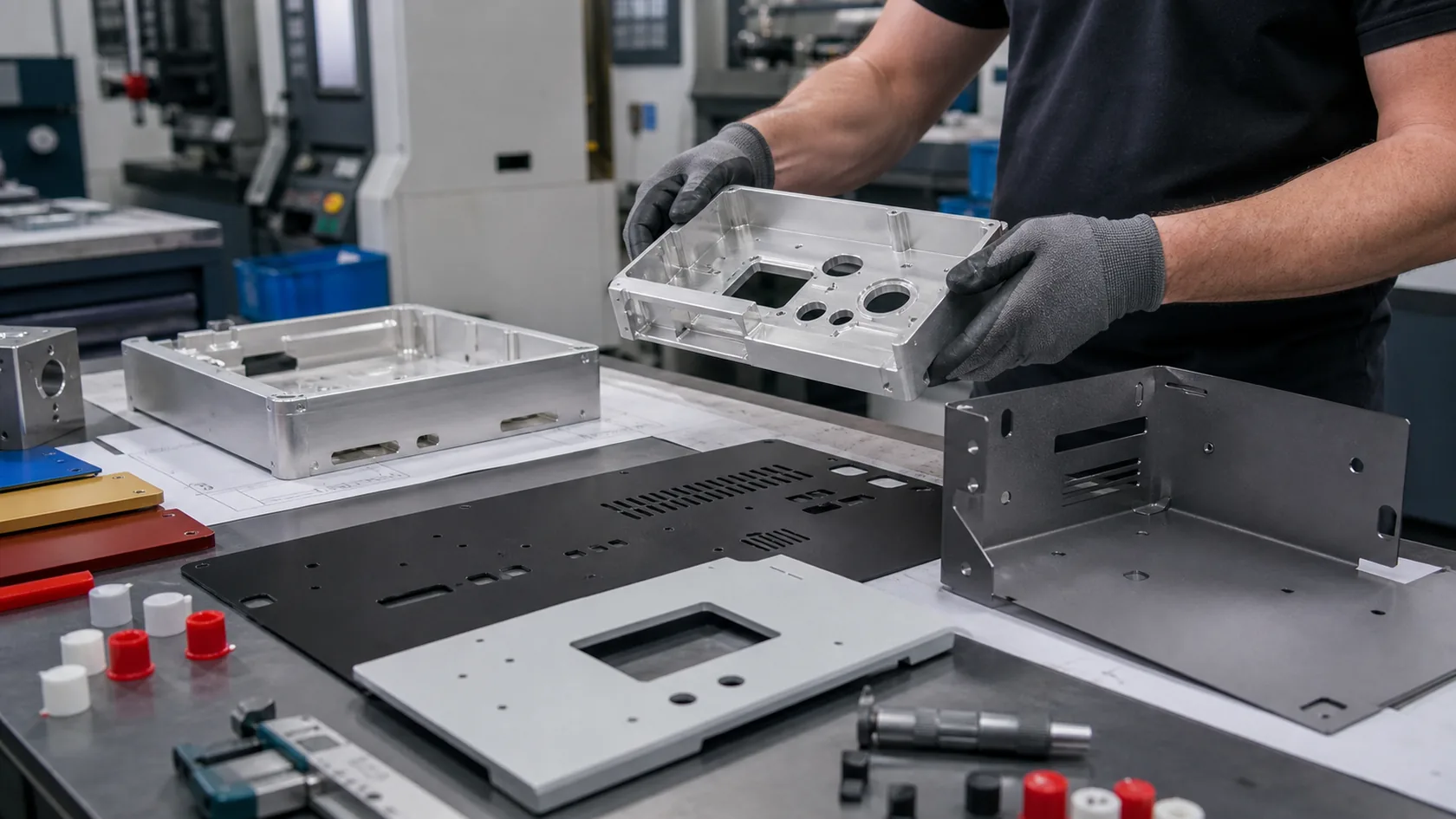 CNC machined and sheet metal enclosure parts checked before surface finishing