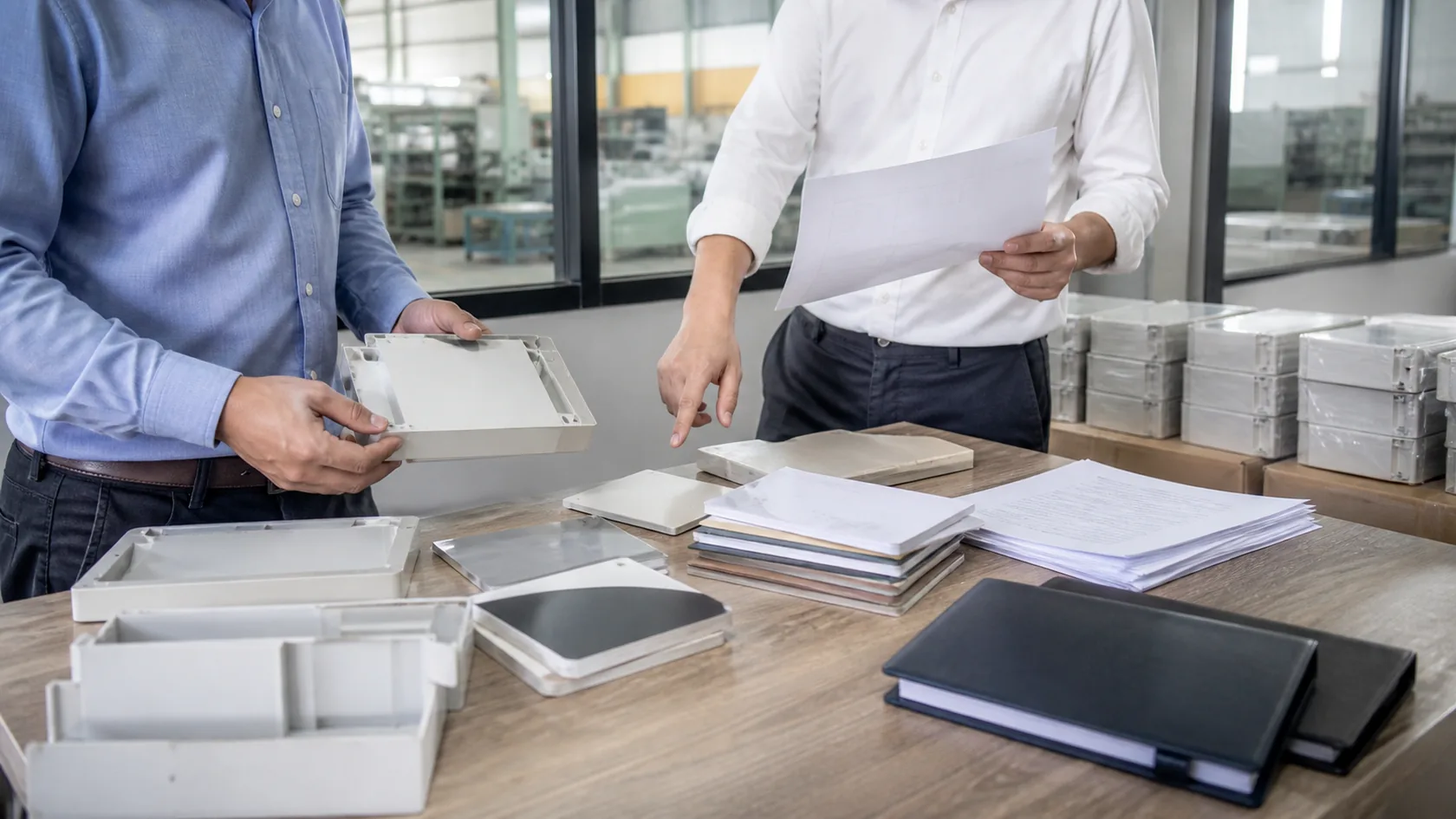 Supplier and buyer reviewing enclosure material cost supply and compliance documents