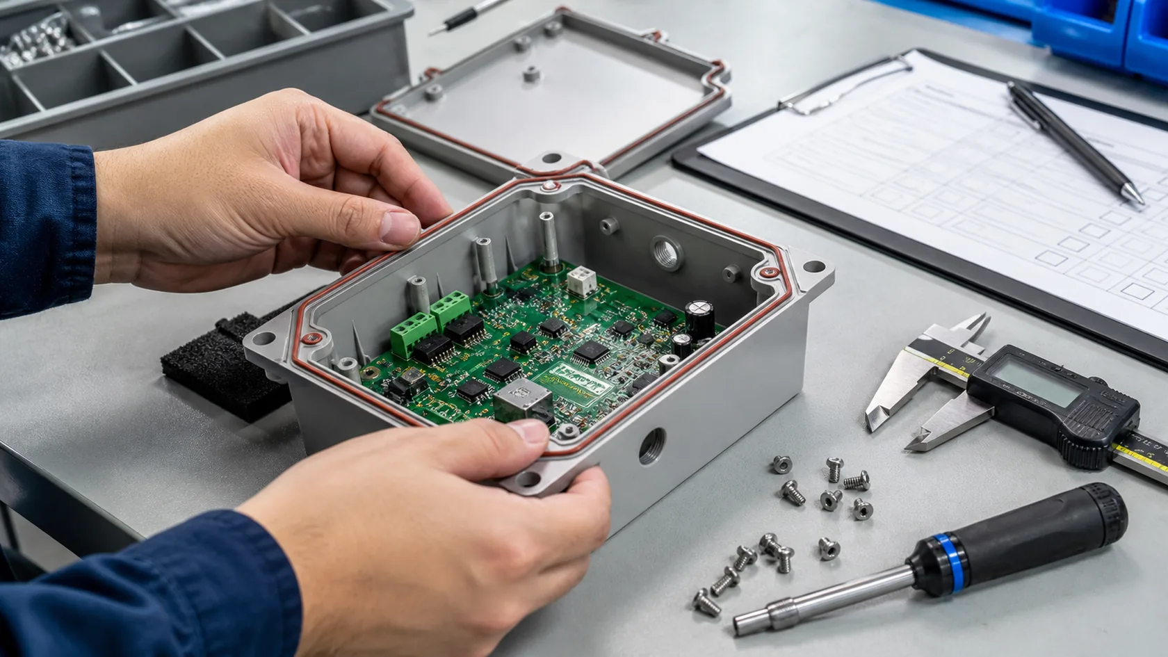 Prototype electronic enclosure validated with PCB gasket screws and inspection tools