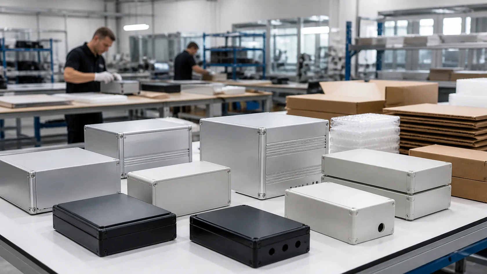 Finished custom industrial enclosures arranged for final inspection and packaging